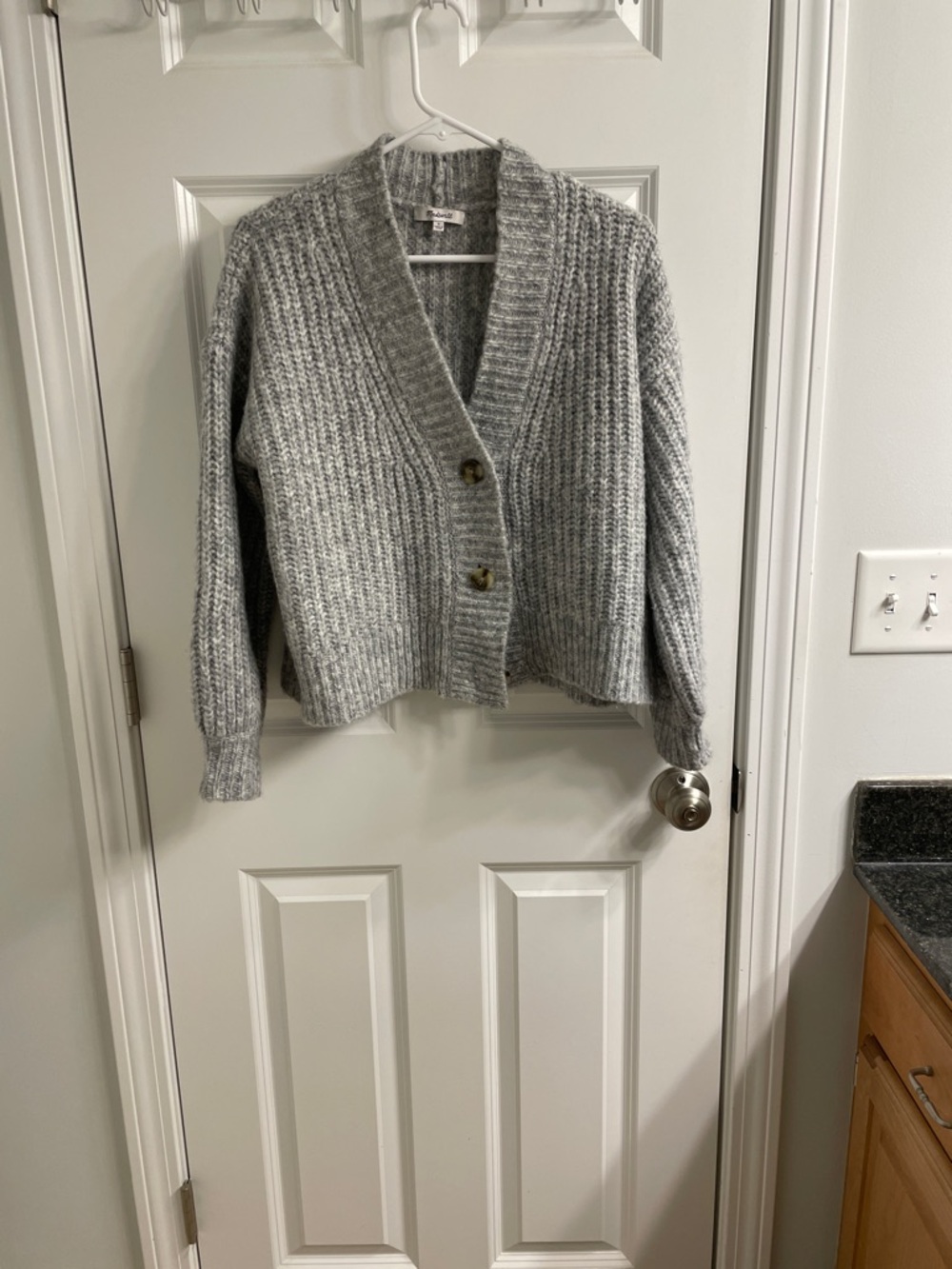 Madewell.  Cozy Grey Rib-Knit V-Neck Button Cardigan Sweater